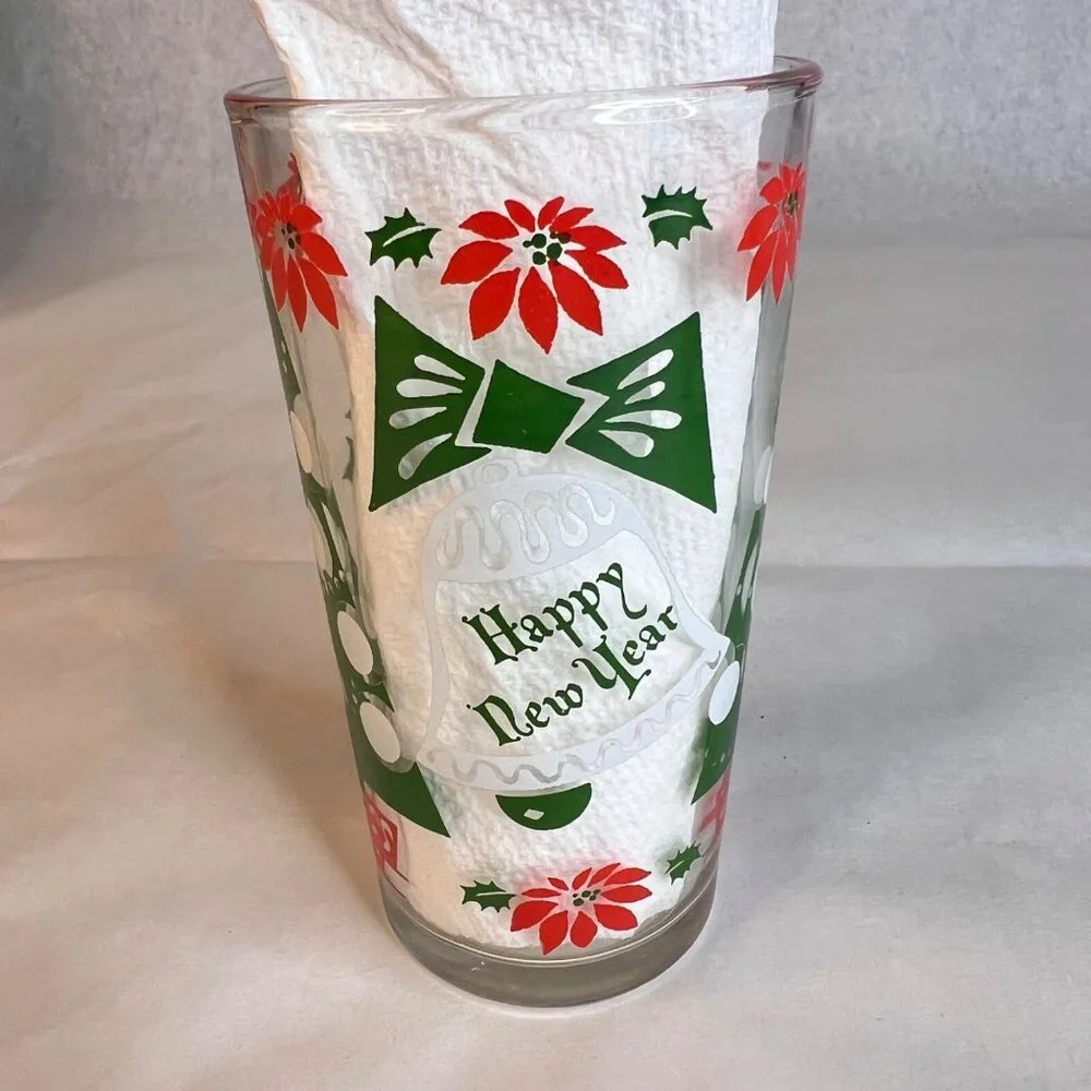 5 Vintage Hazel Atlas Tumblers Christmas Drinking Glasses Happy New Year 10 OZ‎